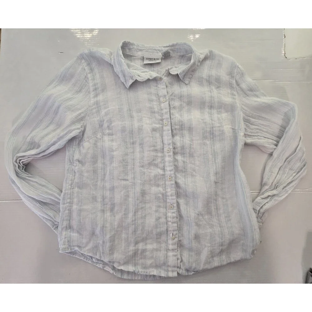 Jones & Co 100% Linen Button Front Shirt Women's Large Blue White Striped Top